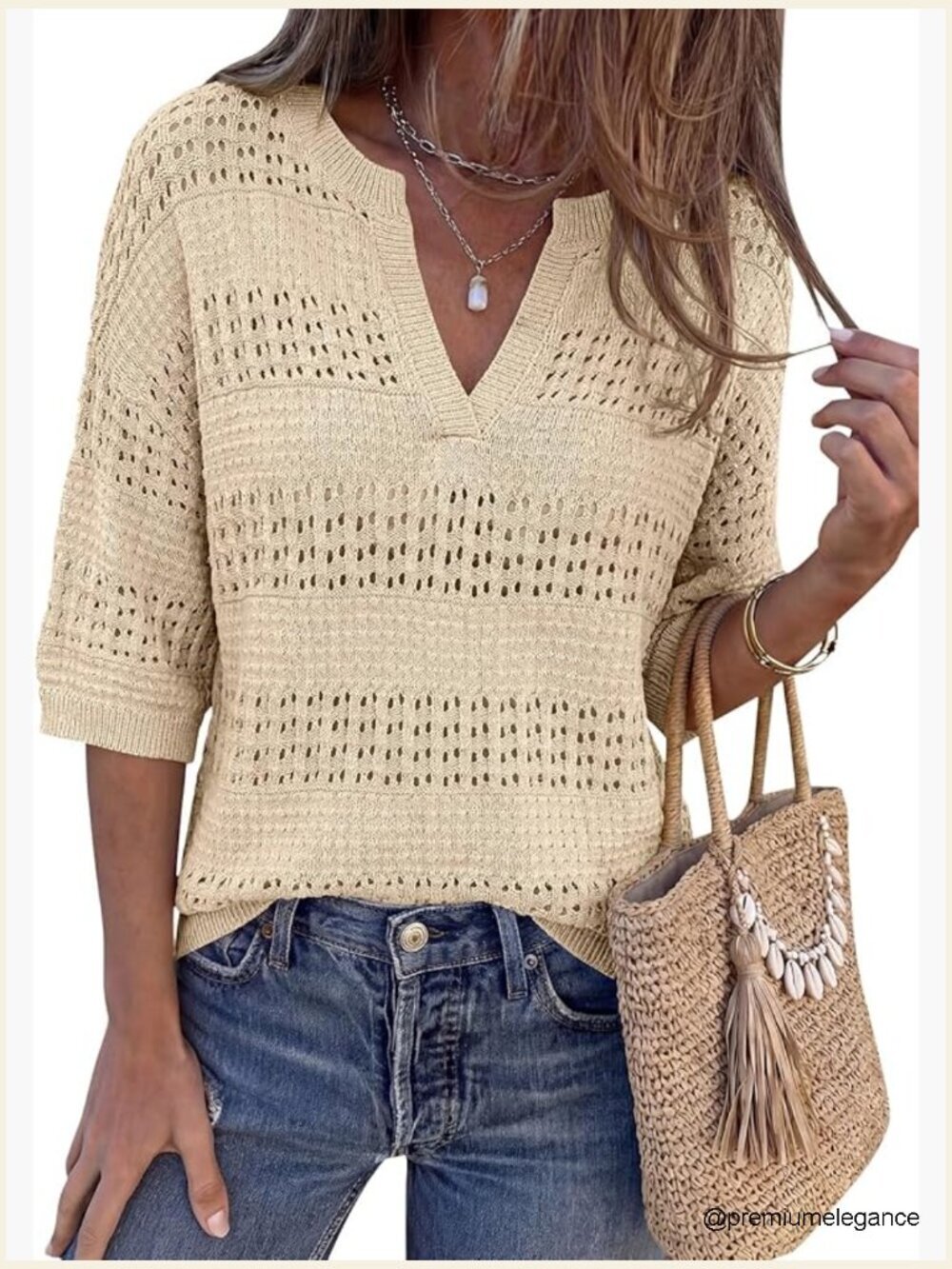 Oversized Crochet Knit Pullover Sweater with V-Neck Short Sleeve